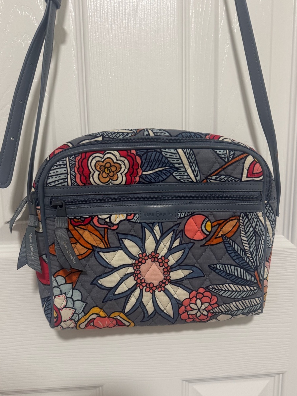 Vera Bradley Gray Floral Quilted Crossbody with Pink & Orange Accents